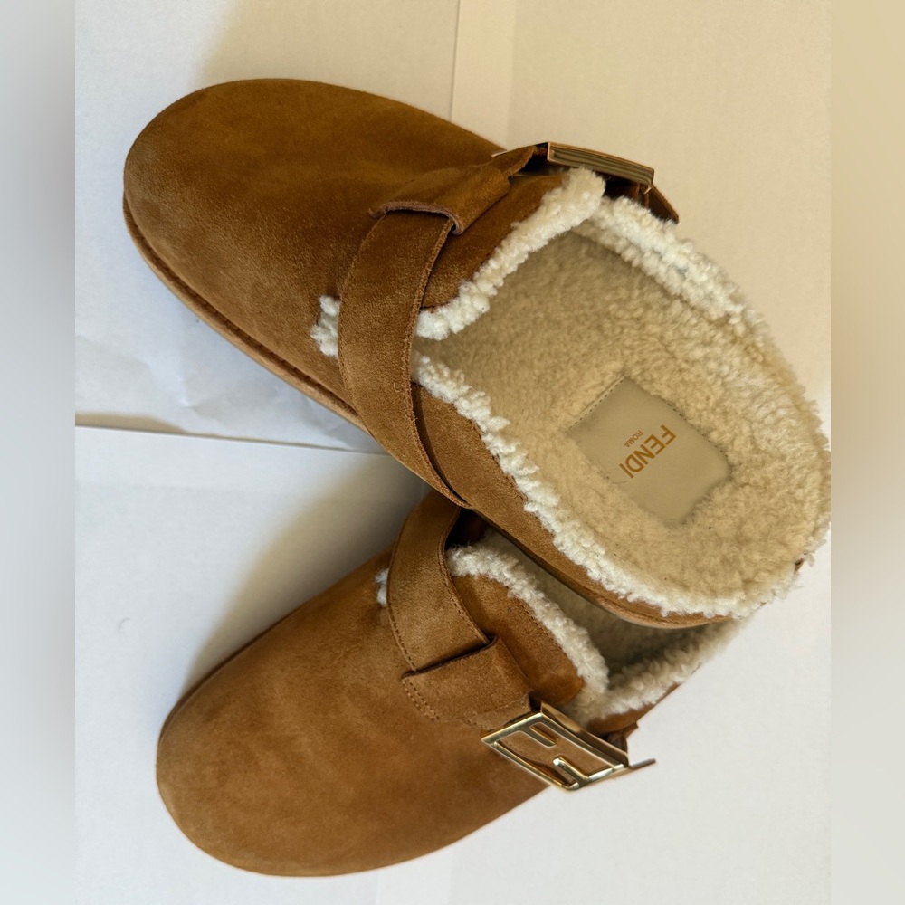 Fendi Brown Suede Shearling Lined Mules - Picture 8 of 15